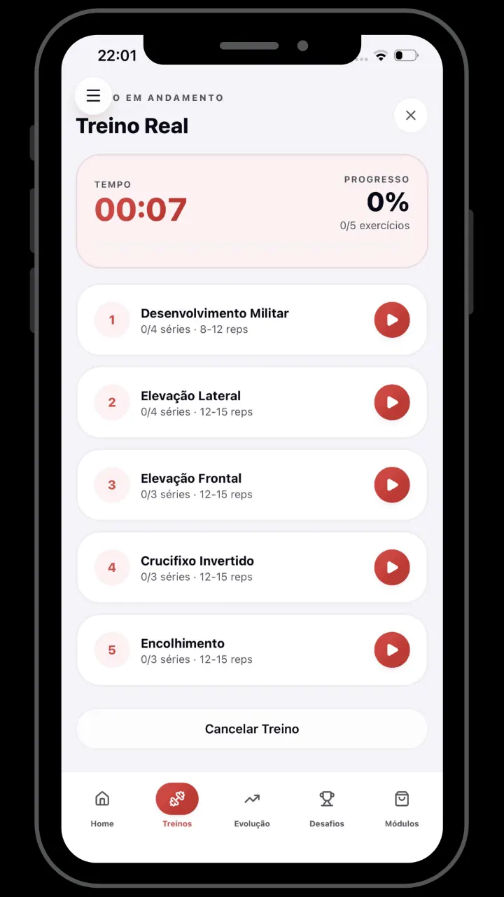 Tela Execução do treino do app ShapeON!