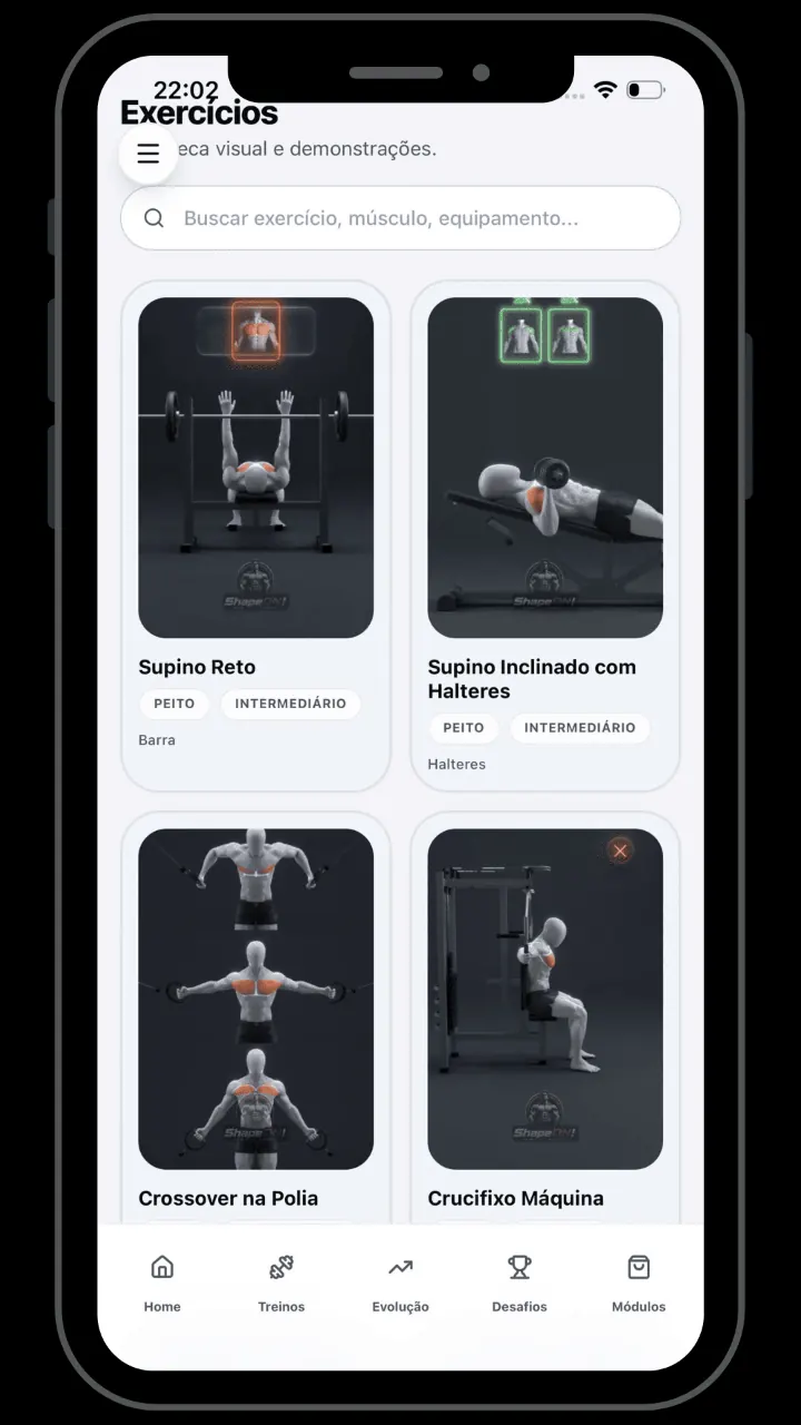 Tela Biblioteca do app ShapeON!