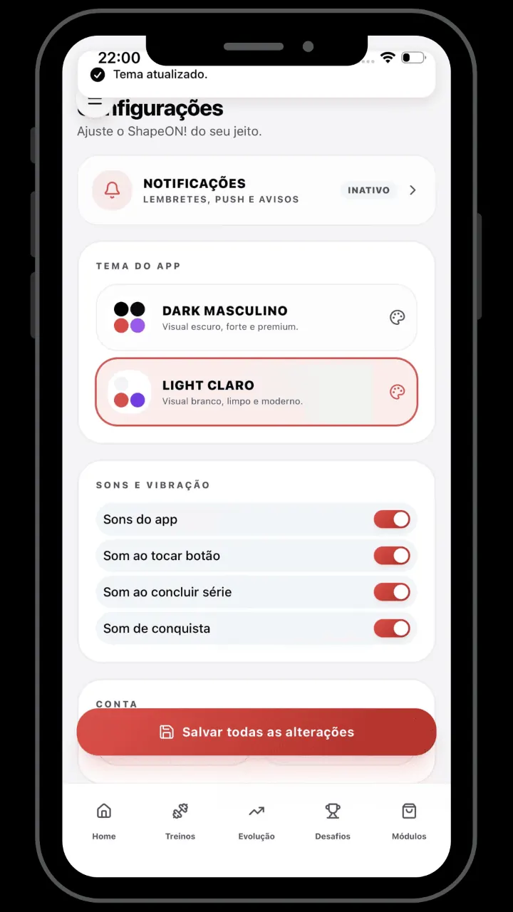 Tela Tema claro/escuro do app ShapeON!